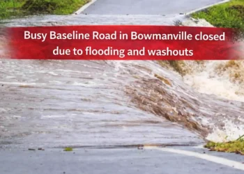 busy baseline road in bowmanville closed due to flooding and washouts