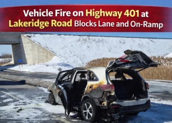 vehicle fire on highway 401 at lakeridge road blocks lane and on ramp