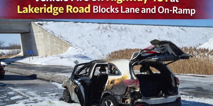 Vehicle Fire on Highway 401 at Lakeridge Road Blocks Lane and On-Ramp vehicle fire on highway 401 at lakeridge road blocks lane and on ramp