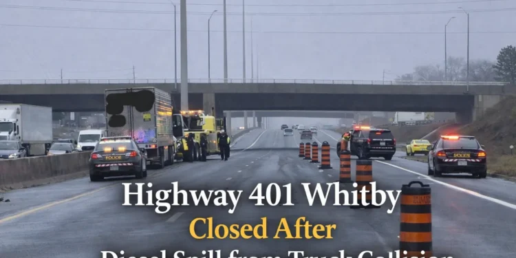 Highway 401 Whitby Closed After Diesel Spill from Truck Collision highway 401 whitby closed after diesel spill from truck collision
