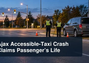 Respectful Ajax roadside investigation with an unbranded accessible van and the headline Ajax Accessible-Taxi Crash Claims Passenger’s Life