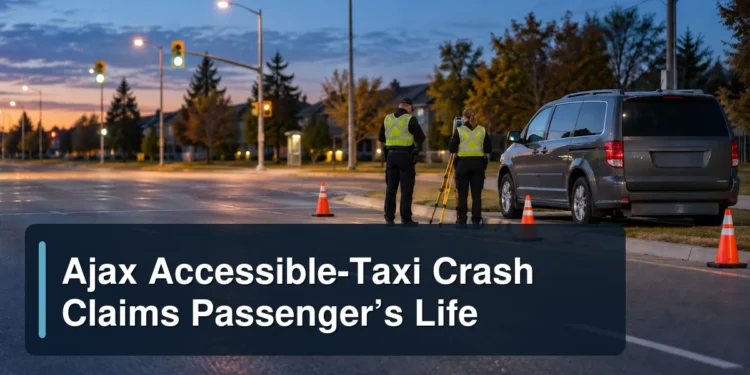 Ajax Accessible-Taxi Crash Claims Passenger's Life Respectful Ajax roadside investigation with an unbranded accessible van and the headline Ajax Accessible-Taxi Crash Claims Passenger’s Life