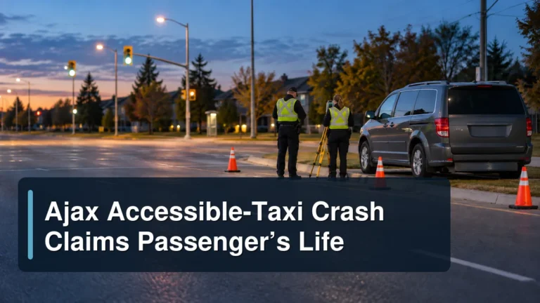 Respectful Ajax roadside investigation with an unbranded accessible van and the headline Ajax Accessible-Taxi Crash Claims Passenger’s Life