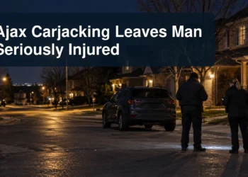 Nighttime Ajax residential investigation scene with the headline Ajax Carjacking Leaves Man Seriously Injured