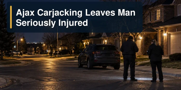 Nighttime Ajax residential investigation scene with the headline Ajax Carjacking Leaves Man Seriously Injured