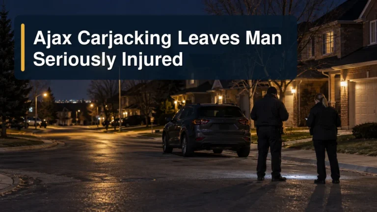 Nighttime Ajax residential investigation scene with the headline Ajax Carjacking Leaves Man Seriously Injured