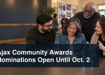Community volunteers reviewing a nomination with the headline Ajax Community Awards Nominations Open Until Oct. 2