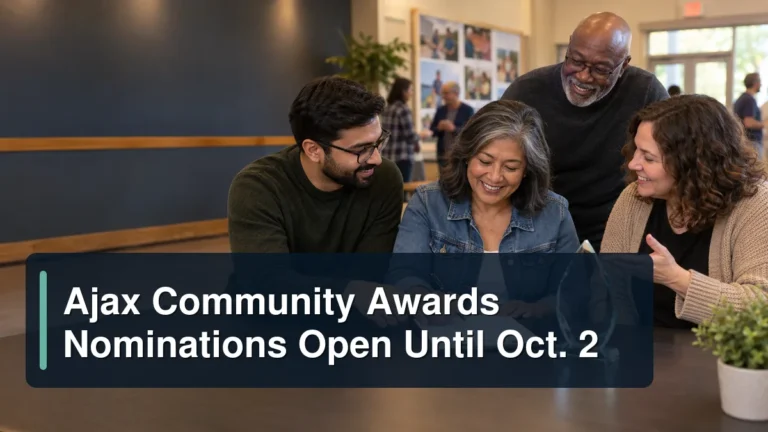 Community volunteers reviewing a nomination with the headline Ajax Community Awards Nominations Open Until Oct. 2