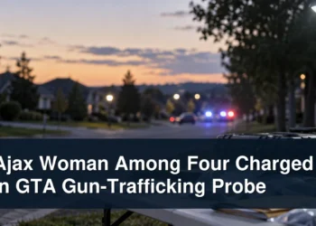 Neutral Ajax public-safety scene for a firearm-trafficking investigation with the headline Ajax Woman Among Four Charged in GTA Gun-Trafficking Probe