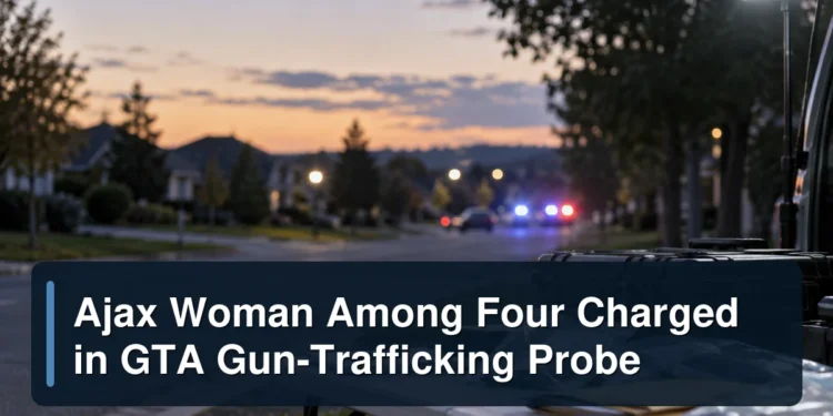 Ajax Woman Among Four Charged in GTA Gun-Trafficking Probe Neutral Ajax public-safety scene for a firearm-trafficking investigation with the headline Ajax Woman Among Four Charged in GTA Gun-Trafficking Probe