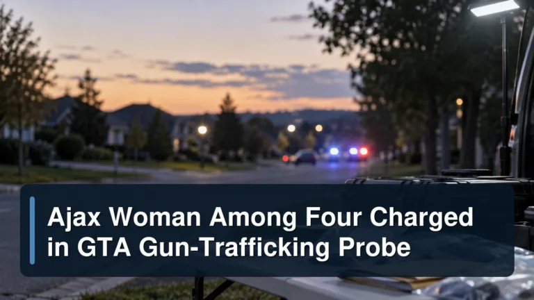 Neutral Ajax public-safety scene for a firearm-trafficking investigation with the headline Ajax Woman Among Four Charged in GTA Gun-Trafficking Probe