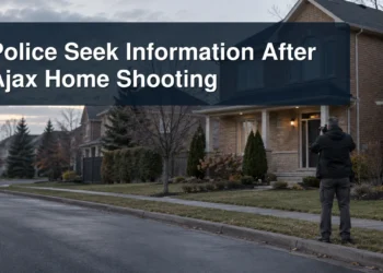 Investigator photographs a suburban home with the headline Police Seek Information After Ajax Home Shooting