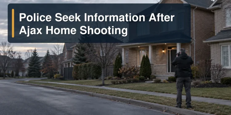 Investigator photographs a suburban home with the headline Police Seek Information After Ajax Home Shooting