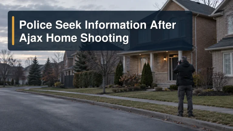 Investigator photographs a suburban home with the headline Police Seek Information After Ajax Home Shooting