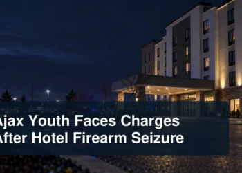 Ajax hotel investigation scene with the headline Ajax Youth Faces Charges After Hotel Firearm Seizure