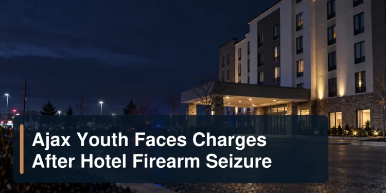 Ajax Youth Faces Charges After Hotel Firearm Seizure Ajax hotel investigation scene with the headline Ajax Youth Faces Charges After Hotel Firearm Seizure