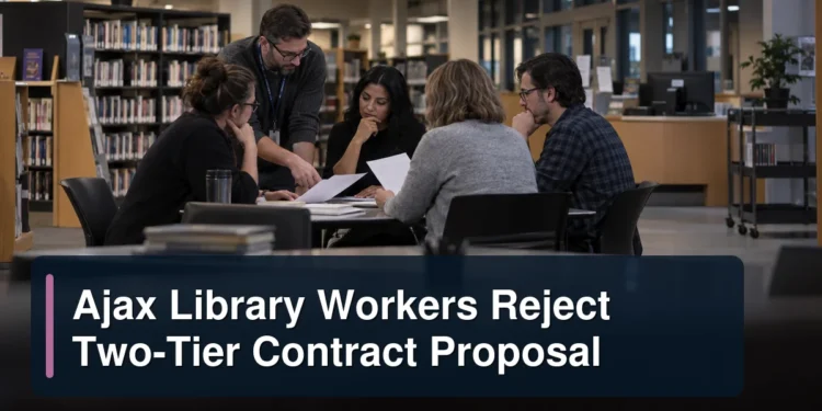 Library workers reviewing contract papers with the headline Ajax Library Workers Reject Two-Tier Contract Proposal