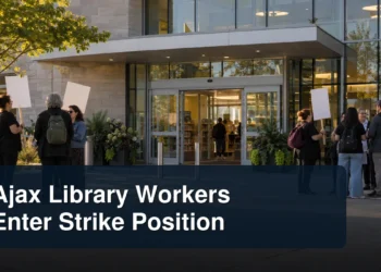 Library workers gathered peacefully with the headline Ajax Library Workers Enter Strike Position