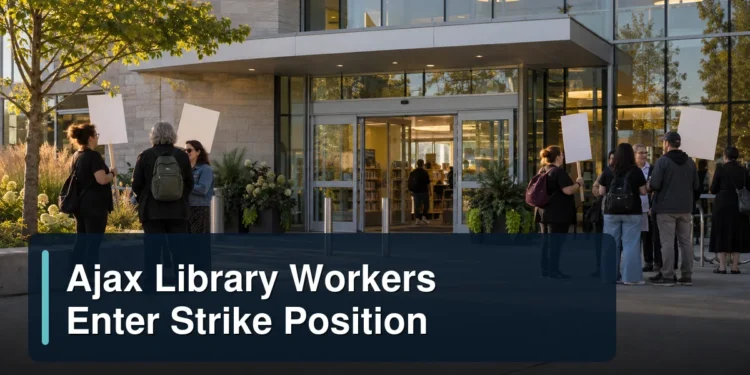 Library workers gathered peacefully with the headline Ajax Library Workers Enter Strike Position