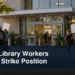 Library workers gathered peacefully with the headline Ajax Library Workers Enter Strike Position