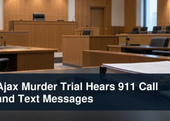 Empty courtroom with a smartphone and evidence files under the headline Ajax Murder Trial Hears 911 Call and Text Messages