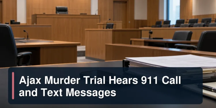 Empty courtroom with a smartphone and evidence files under the headline Ajax Murder Trial Hears 911 Call and Text Messages