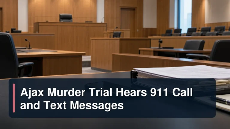 Empty courtroom with a smartphone and evidence files under the headline Ajax Murder Trial Hears 911 Call and Text Messages