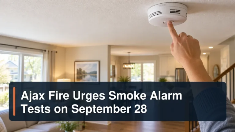 Ajax Fire Urges Smoke Alarm Tests on September 28 Smoke alarm test scene with the headline Ajax Fire Urges Smoke Alarm Tests on September 28