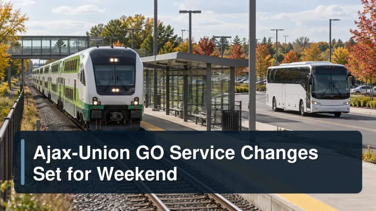 Commuter rail and bus scene with the headline Ajax-Union GO Service Changes Set for Weekend