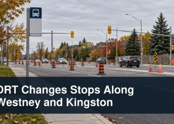 Temporary transit-stop scene with the headline DRT Changes Stops Along Westney and Kingston
