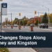 Temporary transit-stop scene with the headline DRT Changes Stops Along Westney and Kingston