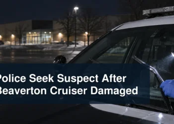 Investigator examines damaged cruiser windshield wipers with the headline Police Seek Suspect After Beaverton Cruiser Damaged
