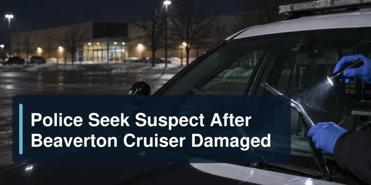 Investigator examines damaged cruiser windshield wipers with the headline Police Seek Suspect After Beaverton Cruiser Damaged