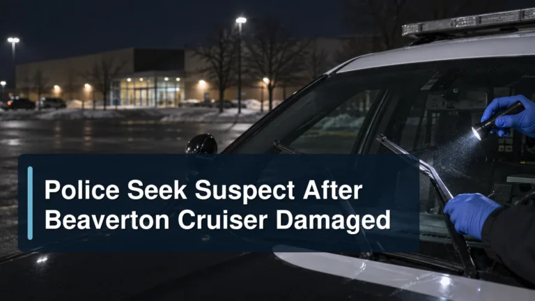 Investigator examines damaged cruiser windshield wipers with the headline Police Seek Suspect After Beaverton Cruiser Damaged