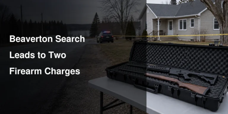 Neutral rural Ontario police investigation scene illustrating Beaverton firearm charges