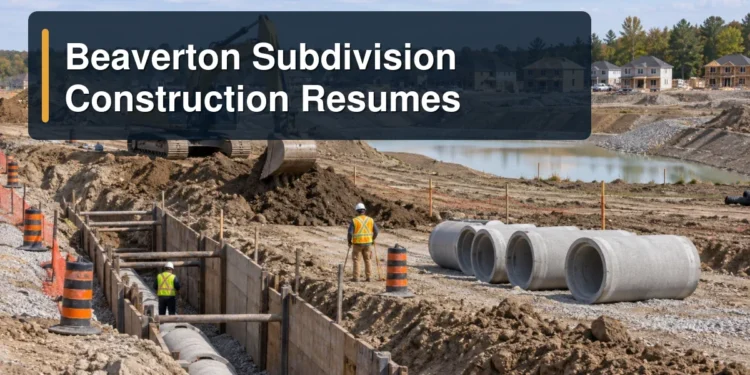 Subdivision infrastructure work with the headline Beaverton Subdivision Construction Resumes