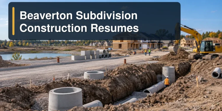 Beaverton Subdivision Construction Resumes Beaverton subdivision infrastructure work with the headline Beaverton Subdivision Construction Resumes
