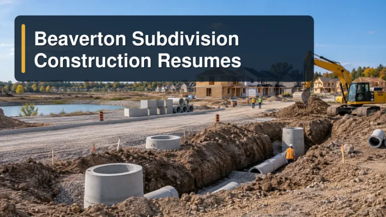Beaverton subdivision infrastructure work with the headline Beaverton Subdivision Construction Resumes