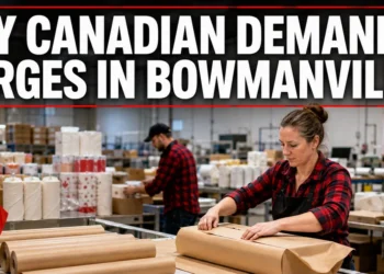 Workers packaging Canadian-made paper goods at a Bowmanville manufacturing business