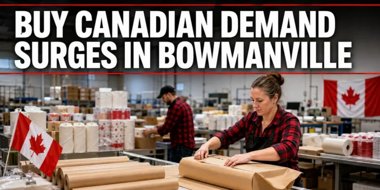 Bowmanville Firm Sees Buy Canadian Order Surge Workers packaging Canadian-made paper goods at a Bowmanville manufacturing business