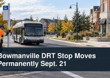 Bowmanville bus stop installation with the headline Bowmanville DRT Stop Moves Permanently Sept. 21