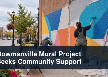Bowmanville mural artists at work with the headline Bowmanville Mural Project Seeks Community Support