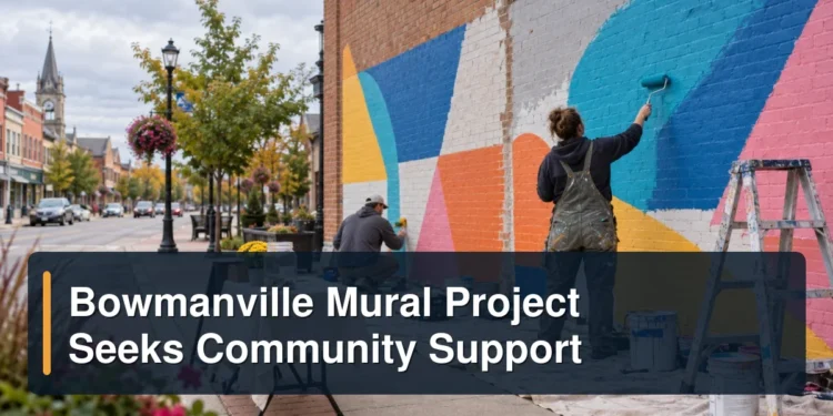Bowmanville mural artists at work with the headline Bowmanville Mural Project Seeks Community Support
