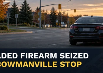 Unbranded roadside traffic-stop scene with the headline Loaded Firearm Seized in Bowmanville Traffic Stop