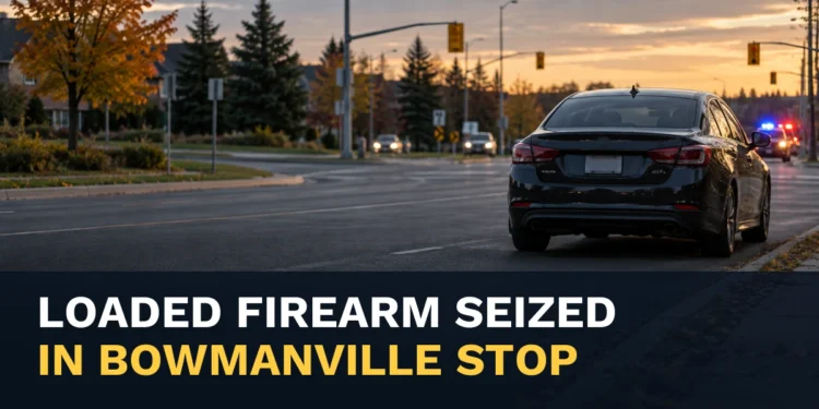 Unbranded roadside traffic-stop scene with the headline Loaded Firearm Seized in Bowmanville Traffic Stop