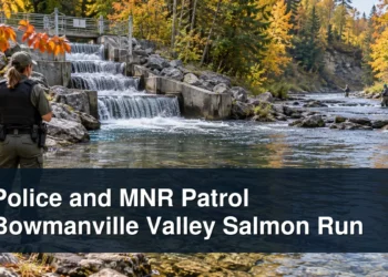 Conservation patrol beside a salmon run and fish ladder with the headline Police and MNR Patrol Bowmanville Valley Salmon Run