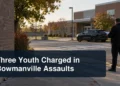 Empty Bowmanville school area with the headline Three Youth Charged in Bowmanville Assaults