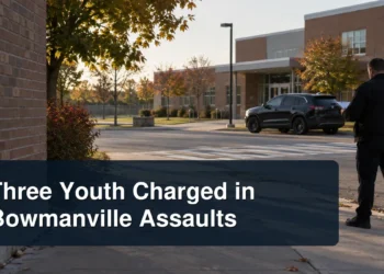 Empty Bowmanville school area with the headline Three Youth Charged in Bowmanville Assaults