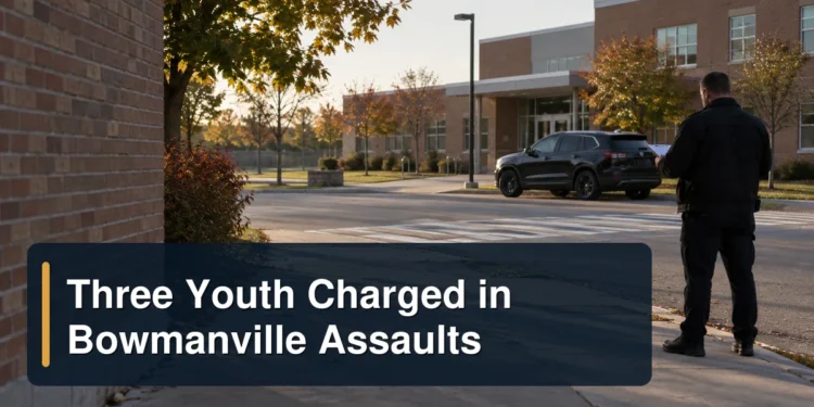 Empty Bowmanville school area with the headline Three Youth Charged in Bowmanville Assaults