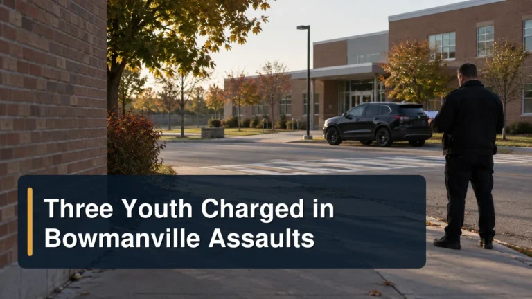 Empty Bowmanville school area with the headline Three Youth Charged in Bowmanville Assaults